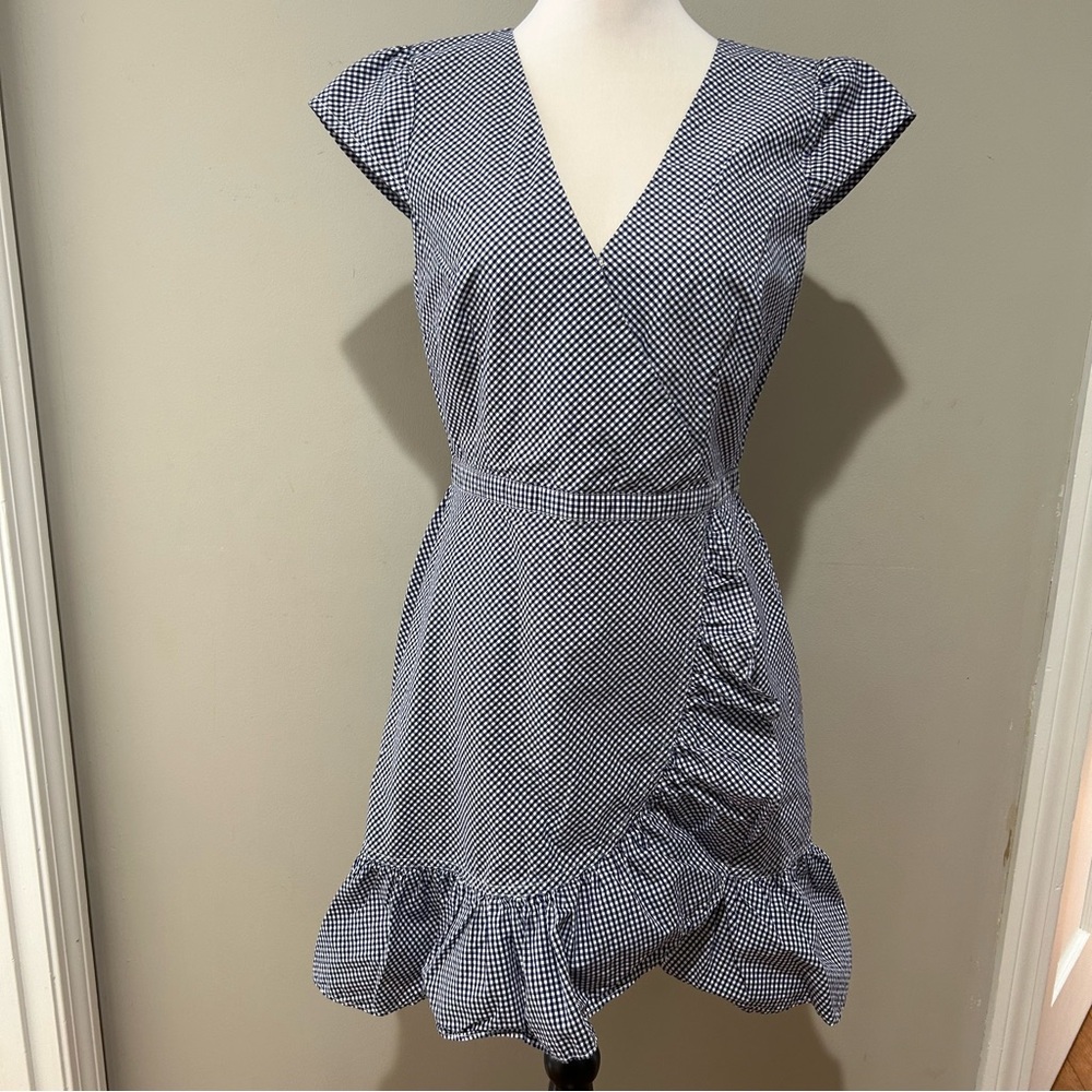 J.Crew Faux-Wrap Mini Dress in Blue and white Gingham 6